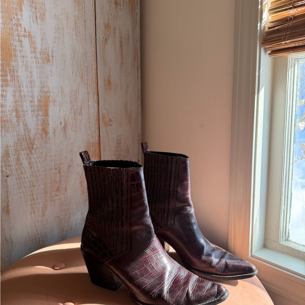 Zara Burgundy Croc Western Ankle Boots